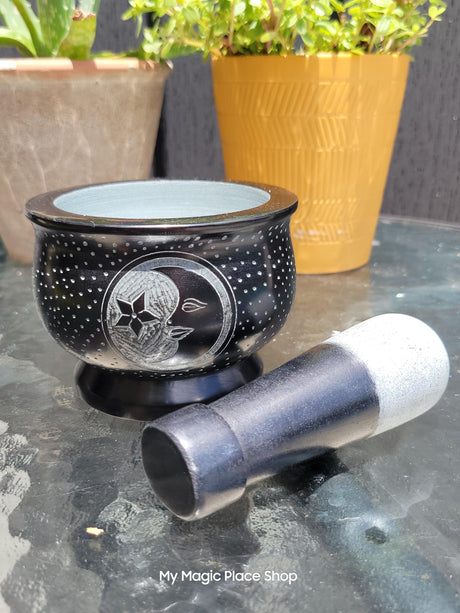 Moon Black Mortar and Pestle, Soapstone Herb Grinder Handmade Mortar