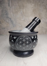 Flower of Life Black Soapstone Mortar and Pestle - Handmade Herb Grinder