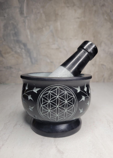 Flower of Life Black Soapstone Mortar and Pestle - Handmade Herb Grinder