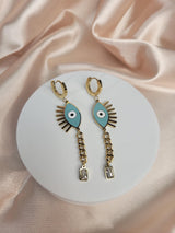 Evil Eye Protection Earrings, Aqua Resin Eye, Gold Plated Stainless Steel, Fashionable Gift for Women