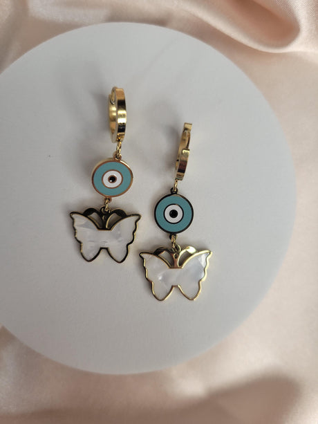 Butterfly Evil Eye Gold Earrings – Handcrafted Resin & Stainless Steel ,Spiritual Gift for Women Summer Jewelry