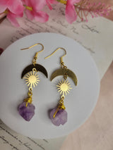 Amethyst Moon and Sun Raw Crystal Earring, Handcrafted Crystal Earrings, Meditation Jewelry, Unique Gift for Women, Spiritual Accessory