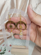 Clear Quartz Moon Sun Earrings, Raw Crystal, Gold Plated