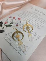 Clear Quartz Moon Sun Earrings, Raw Crystal, Gold Plated
