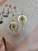 Clear Quartz Moon Sun Earrings, Raw Crystal, Gold Plated