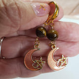 Star and Moon Earrings Handmade with Tiger Eye, Gold Charm, Astrology Lovers