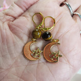 Star and Moon Earrings Handmade with Tiger Eye, Gold Charm, Astrology Lovers