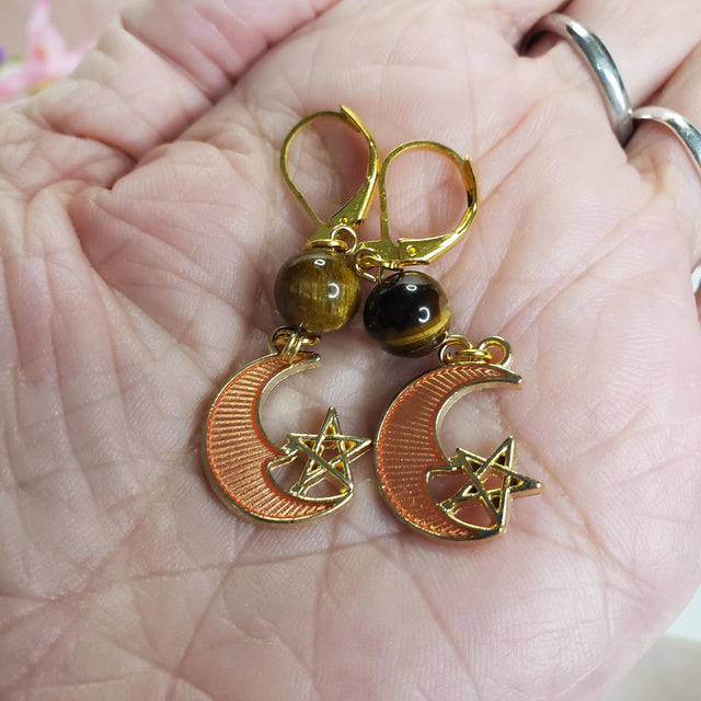 Star and Moon Earrings Handmade with Tiger Eye, Gold Charm, Astrology Lovers