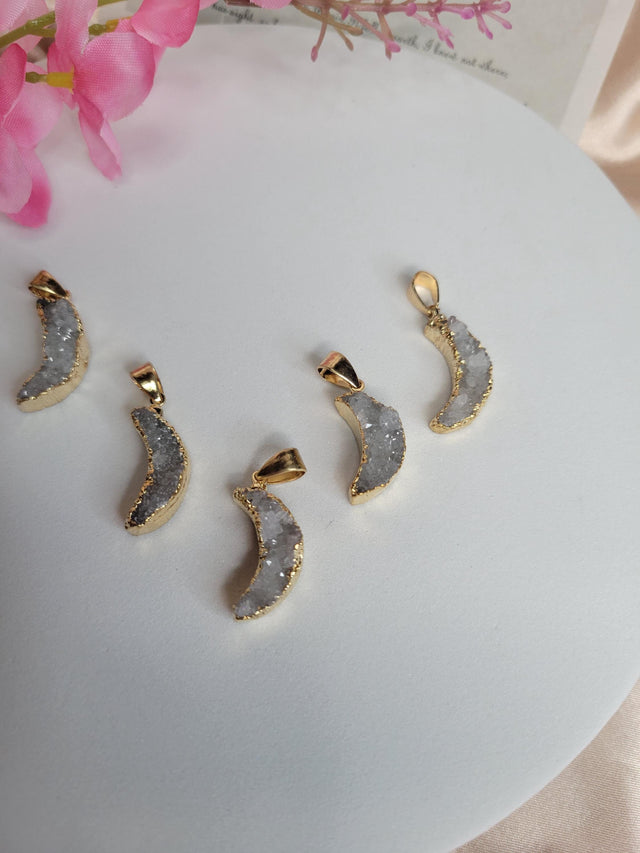 Gold Electroplated Druzy Crescent Moon Pendant – Raw Crystal Boho Witchy Charm