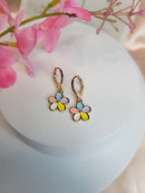 Pastel Enamel Daisy Flower Hoop Earrings – Gold Huggie Floral Dangle Boho Jewelry
