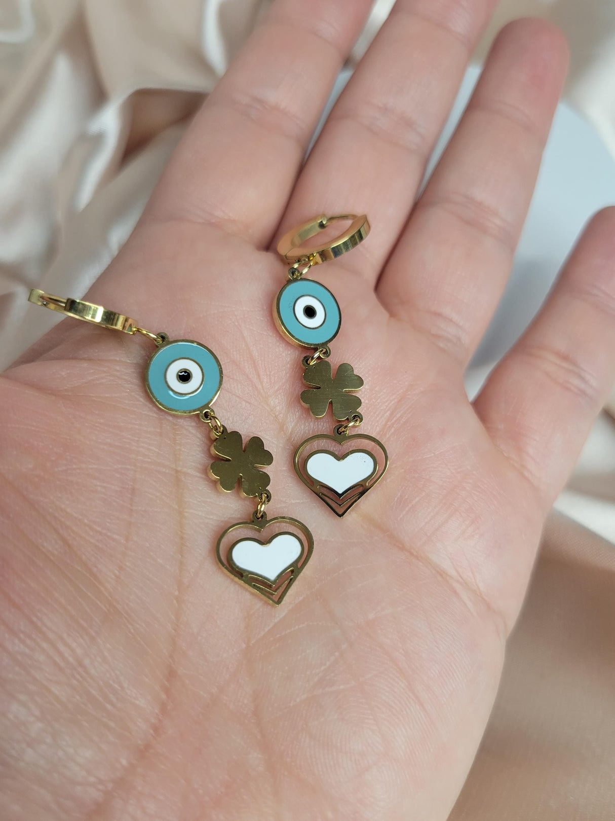 Lucky Heart Evil Eye Earrings – 14k Gold Plated Stainless Steel, Spiritual Jewelry