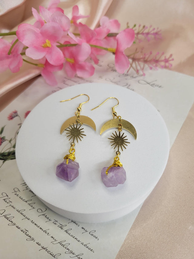 Amethyst Moon and Sun Raw Crystal Earring, Handcrafted Crystal Earrings, Meditation Jewelry, Unique Gift for Women, Spiritual Accessory