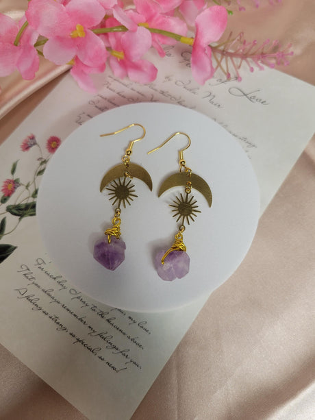 Amethyst Moon and Sun Raw Crystal Earring, Handcrafted Crystal Earrings, Meditation Jewelry, Unique Gift for Women, Spiritual Accessory