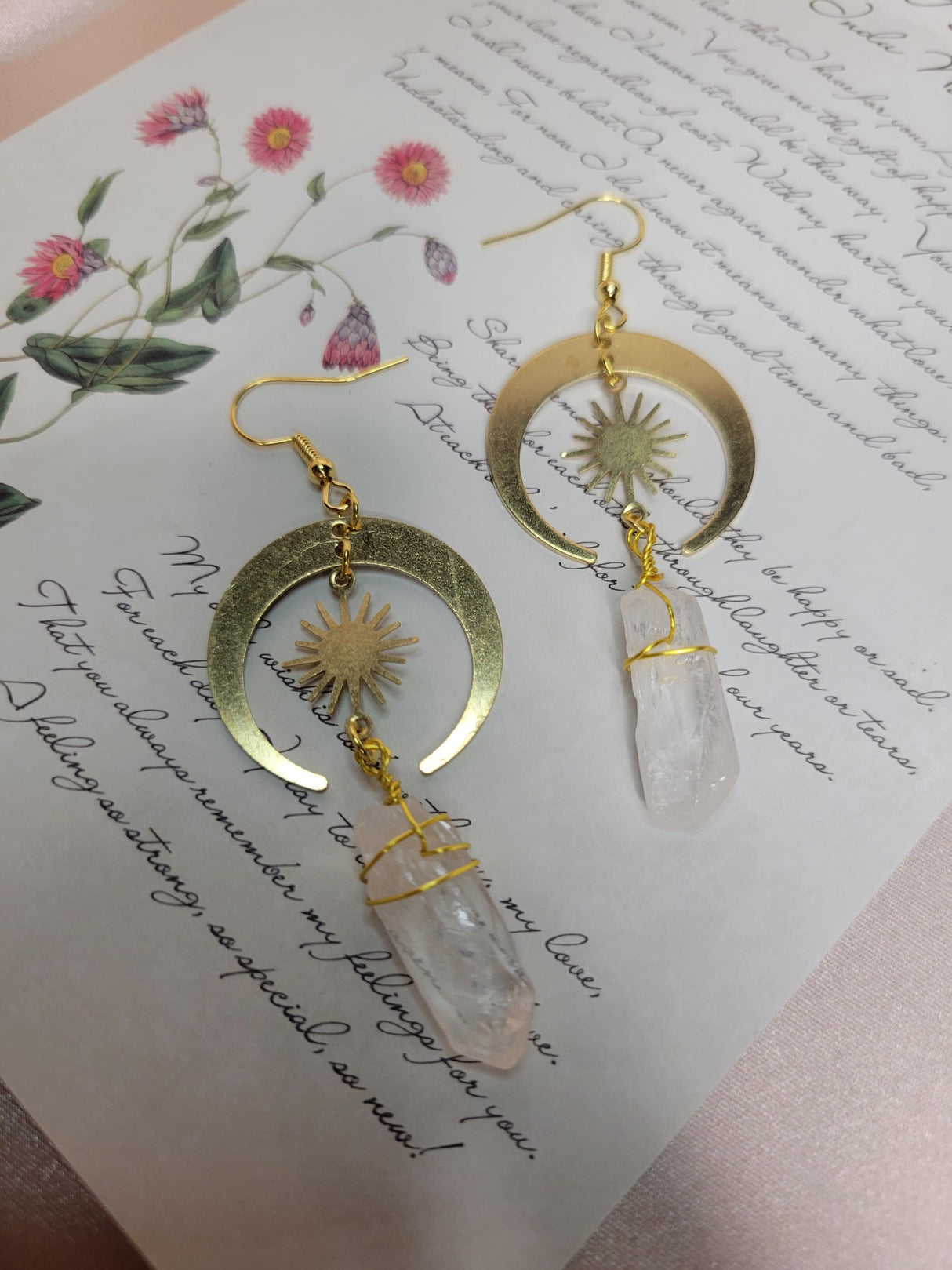 Clear Quartz Moon Sun Earrings, Raw Crystal, Gold Plated