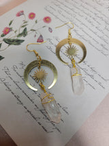 Clear Quartz Moon Sun Earrings, Raw Crystal, Gold Plated