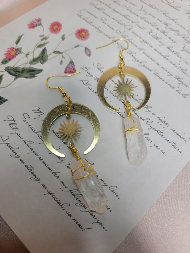 Clear Quartz Moon Sun Earrings, Raw Crystal, Gold Plated