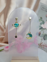 Celestial Mismatch Earrings, Planet and Moon with Stars in Green and Rose, Cosmic Jewelry