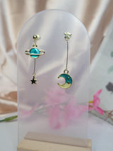 Celestial Mismatch Earrings, Planet and Moon with Stars in Green and Rose, Cosmic Jewelry