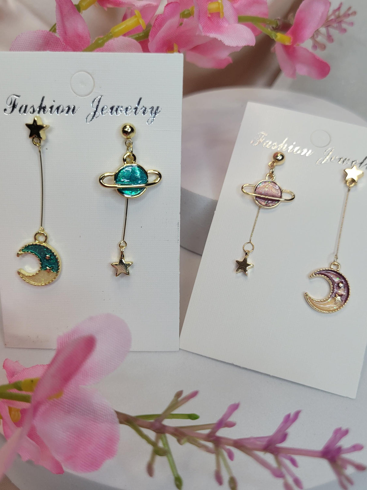 Celestial Mismatch Earrings, Planet and Moon with Stars in Green and Rose, Cosmic Jewelry