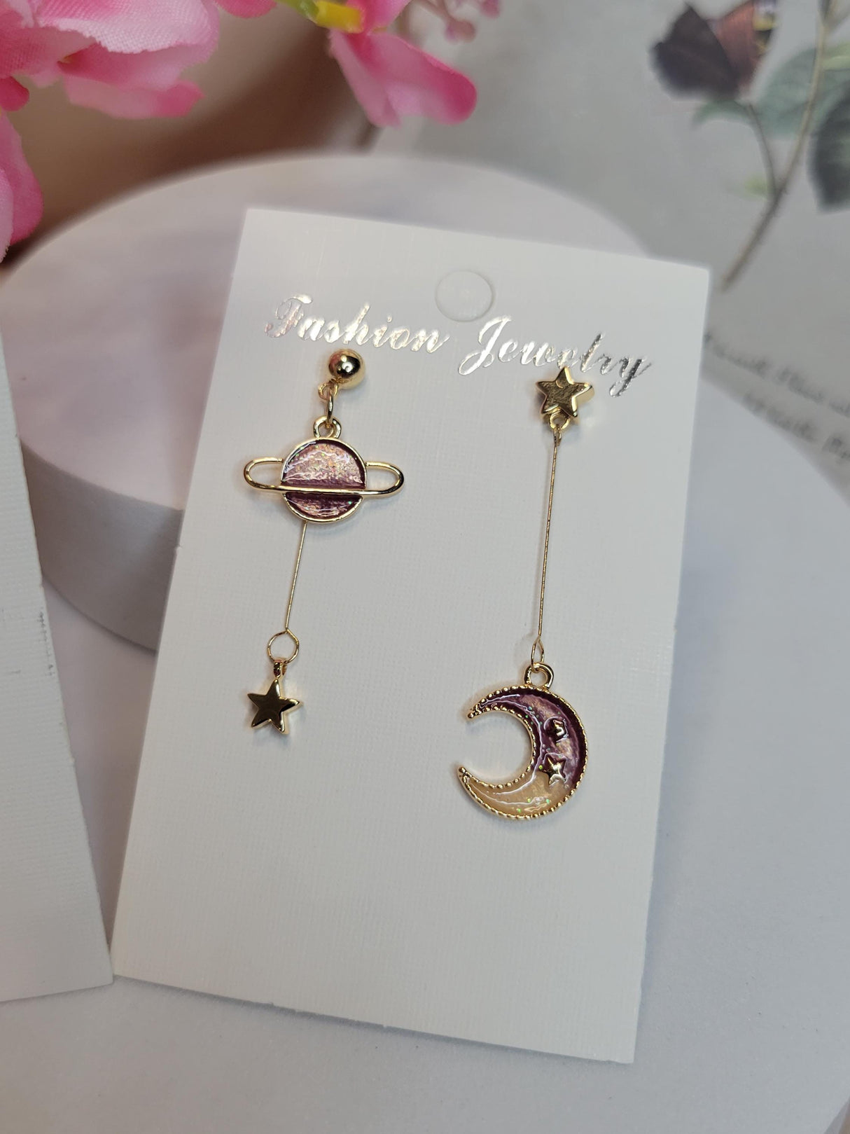Celestial Mismatch Earrings, Planet and Moon with Stars in Green and Rose, Cosmic Jewelry