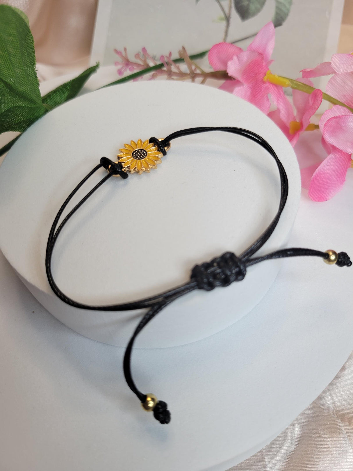 Sunflower Aura Protection Bracelet, Adjustable Black Cord Jewelry for Positive & Spiritual Balance