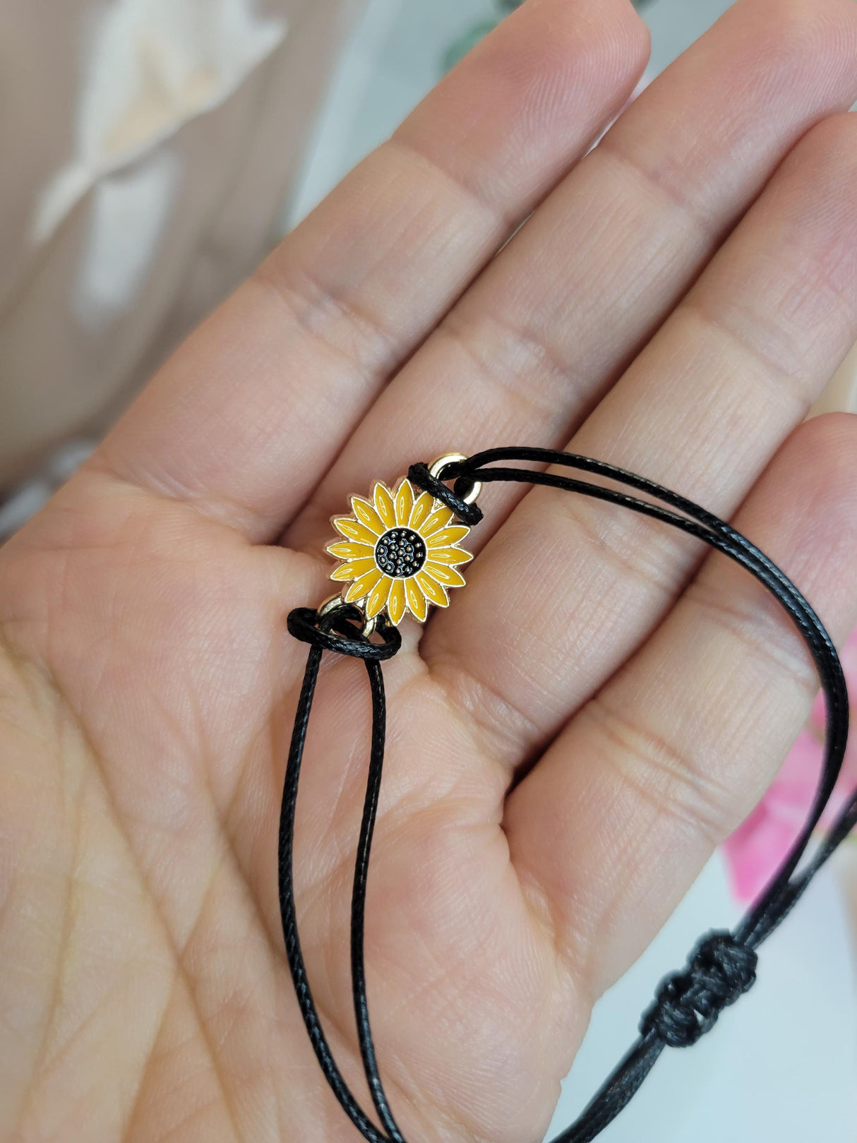 Sunflower Aura Protection Bracelet, Adjustable Black Cord Jewelry for Positive & Spiritual Balance