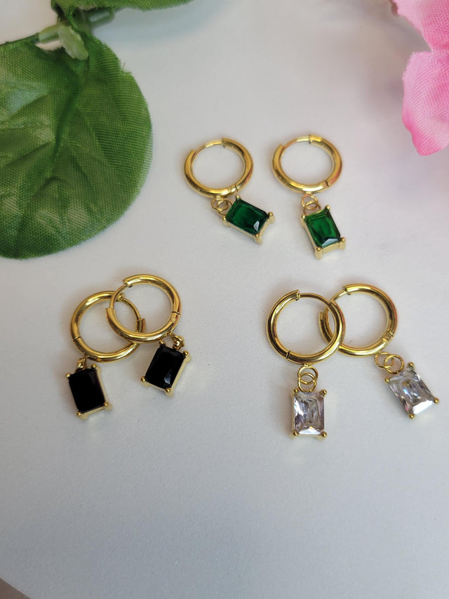 Modern Mystic Hoops - Gold Tone Earrings with Rectangular White & Green Stones, Boho Chic Jewelry