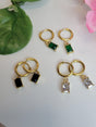 Modern Mystic Hoops - Gold Tone Earrings with Rectangular White & Green Stones, Boho Chic Jewelry