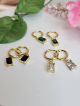 Modern Mystic Hoops - Gold Tone Earrings with Rectangular White & Green Stones, Boho Chic Jewelry