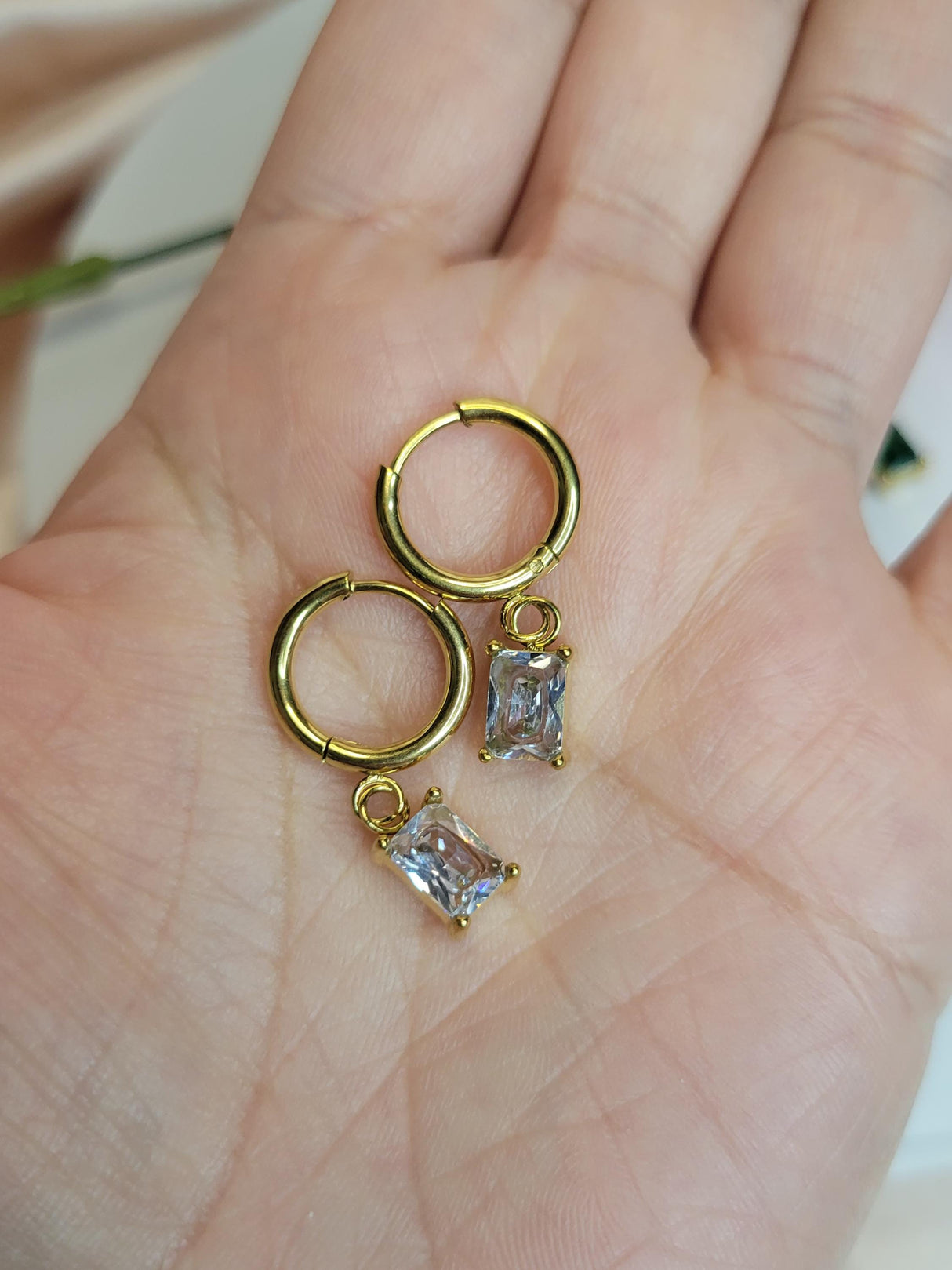Modern Mystic Hoops - Gold Tone Earrings with Rectangular White & Green Stones, Boho Chic Jewelry