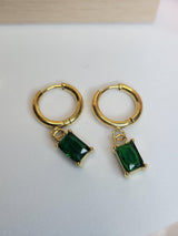 Modern Mystic Hoops - Gold Tone Earrings with Rectangular White & Green Stones, Boho Chic Jewelry