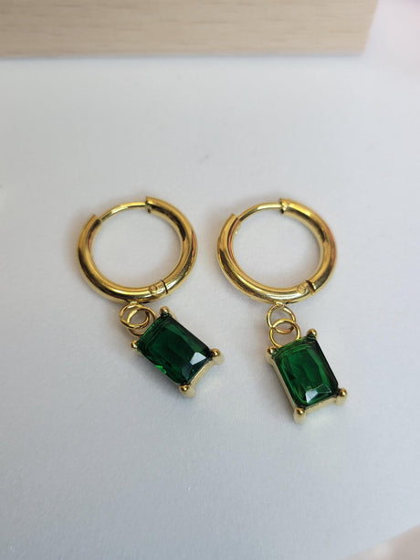 Modern Mystic Hoops - Gold Tone Earrings with Rectangular White & Green Stones, Boho Chic Jewelry