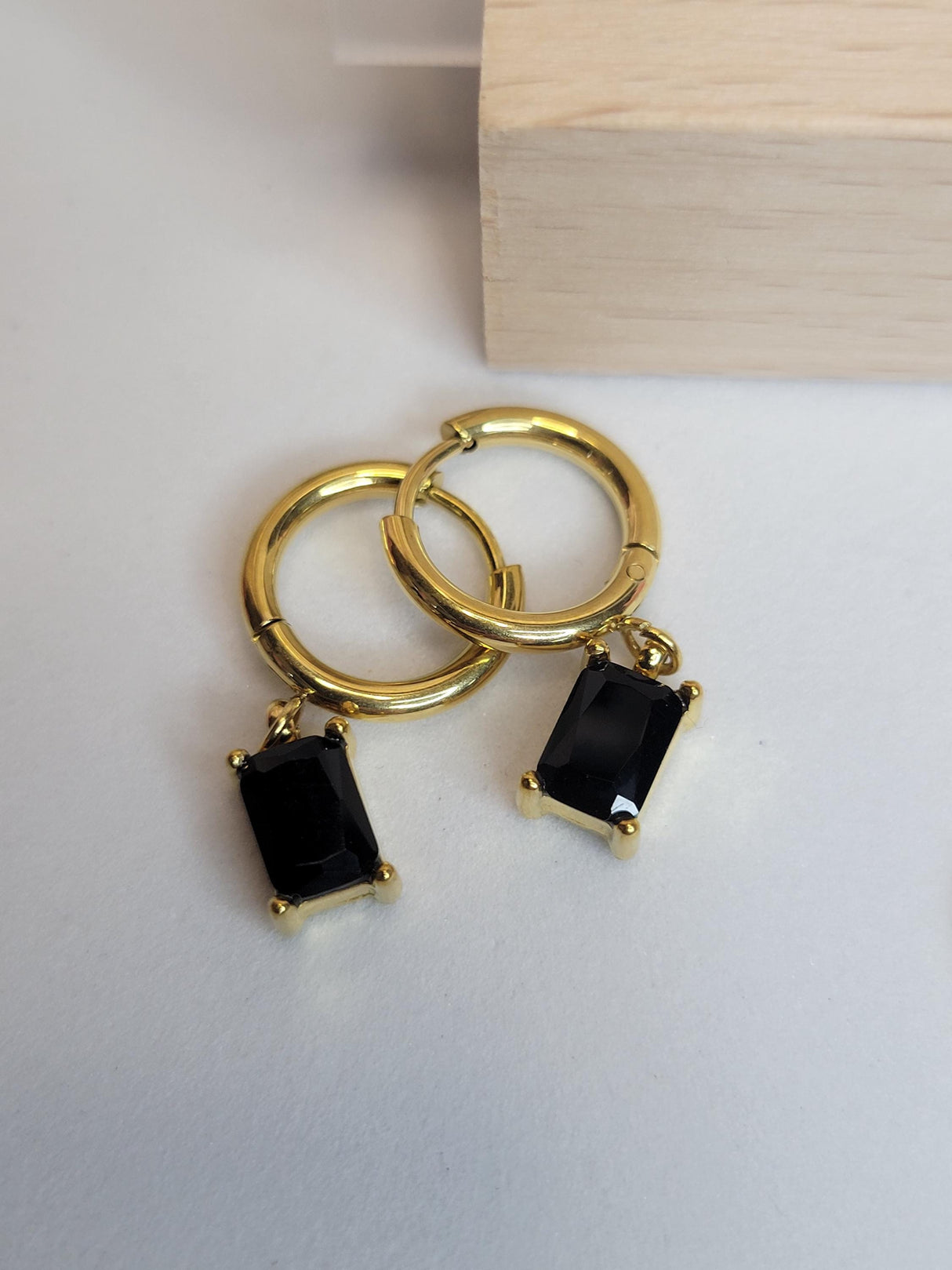 Modern Mystic Hoops - Gold Tone Earrings with Rectangular White & Green Stones, Boho Chic Jewelry