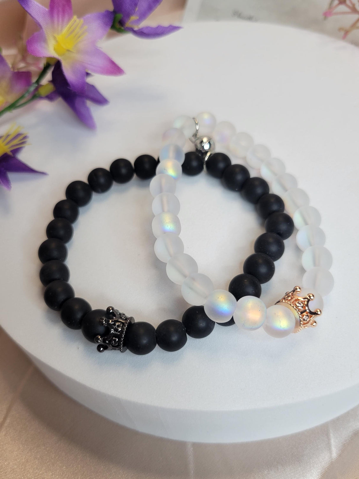 Handmade Set Black & White Beaded Jewelry for Him and Her-Couple Bracelet Set-Handmade Bracelets for Lovers