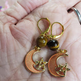 Star and Moon Earrings Handmade with Tiger Eye, Gold Charm, Astrology Lovers