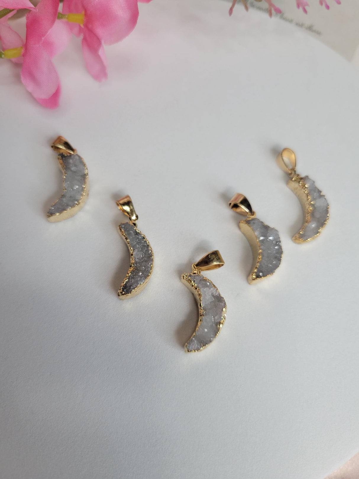 Gold Electroplated Druzy Crescent Moon Pendant – Raw Crystal Boho Witchy Charm