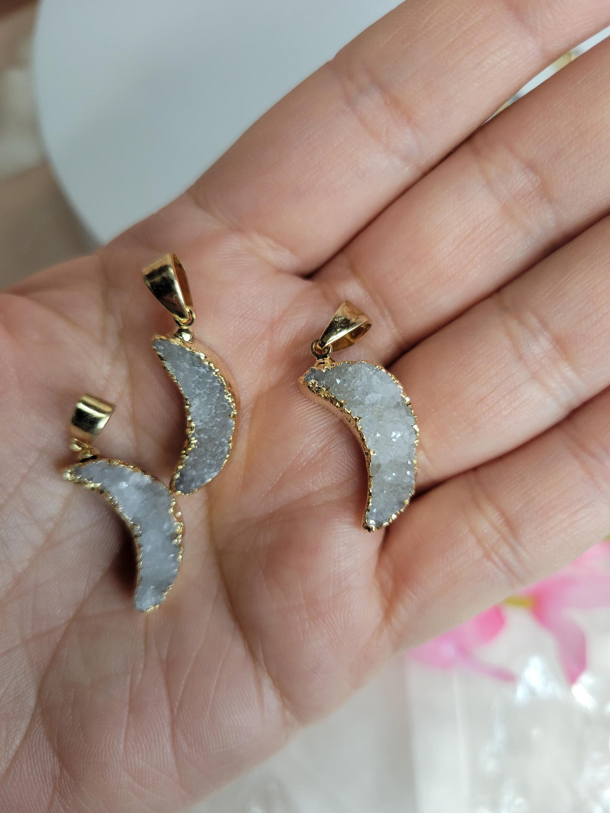 Gold Electroplated Druzy Crescent Moon Pendant – Raw Crystal Boho Witchy Charm