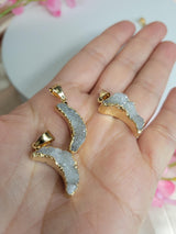 Gold Electroplated Druzy Crescent Moon Pendant – Raw Crystal Boho Witchy Charm
