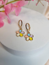 Pastel Enamel Daisy Flower Hoop Earrings – Gold Huggie Floral Dangle Boho Jewelry
