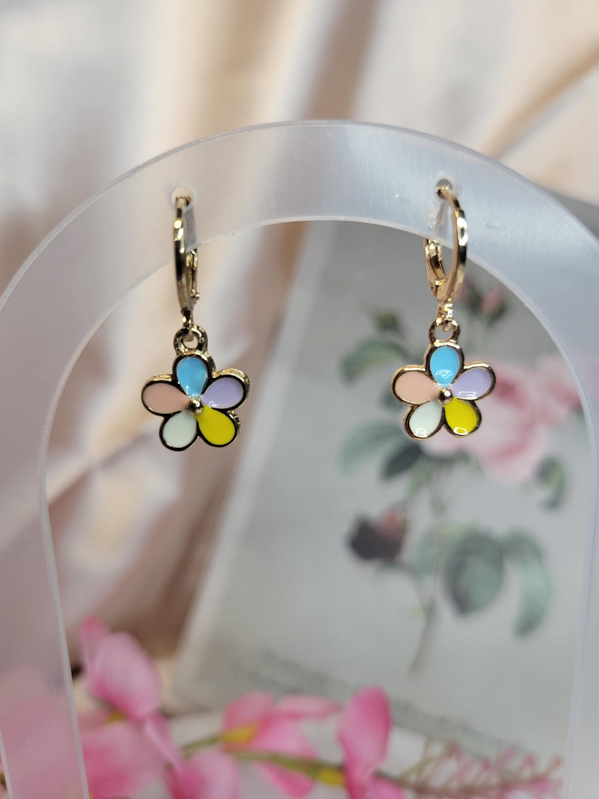 Pastel Enamel Daisy Flower Hoop Earrings – Gold Huggie Floral Dangle Boho Jewelry