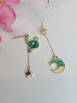 Celestial Mismatch Earrings, Planet and Moon with Stars in Green and Rose, Cosmic Jewelry