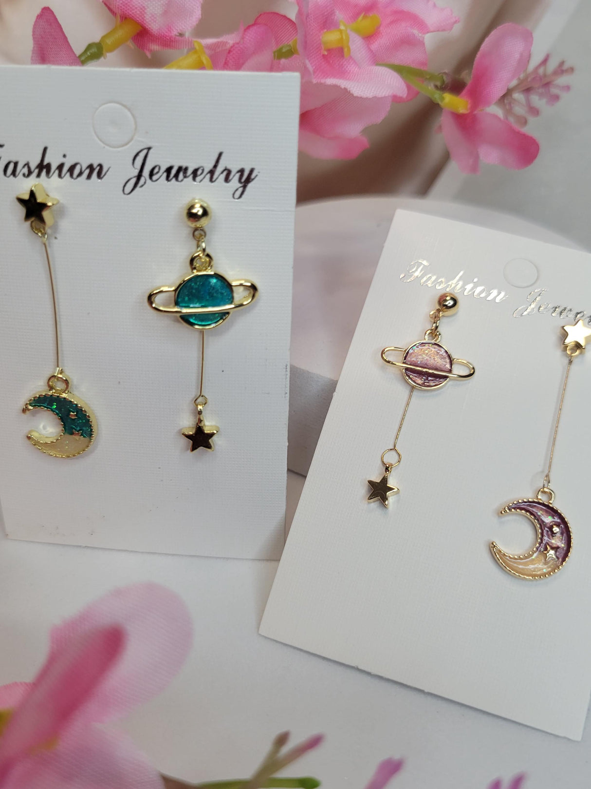 Celestial Mismatch Earrings, Planet and Moon with Stars in Green and Rose, Cosmic Jewelry