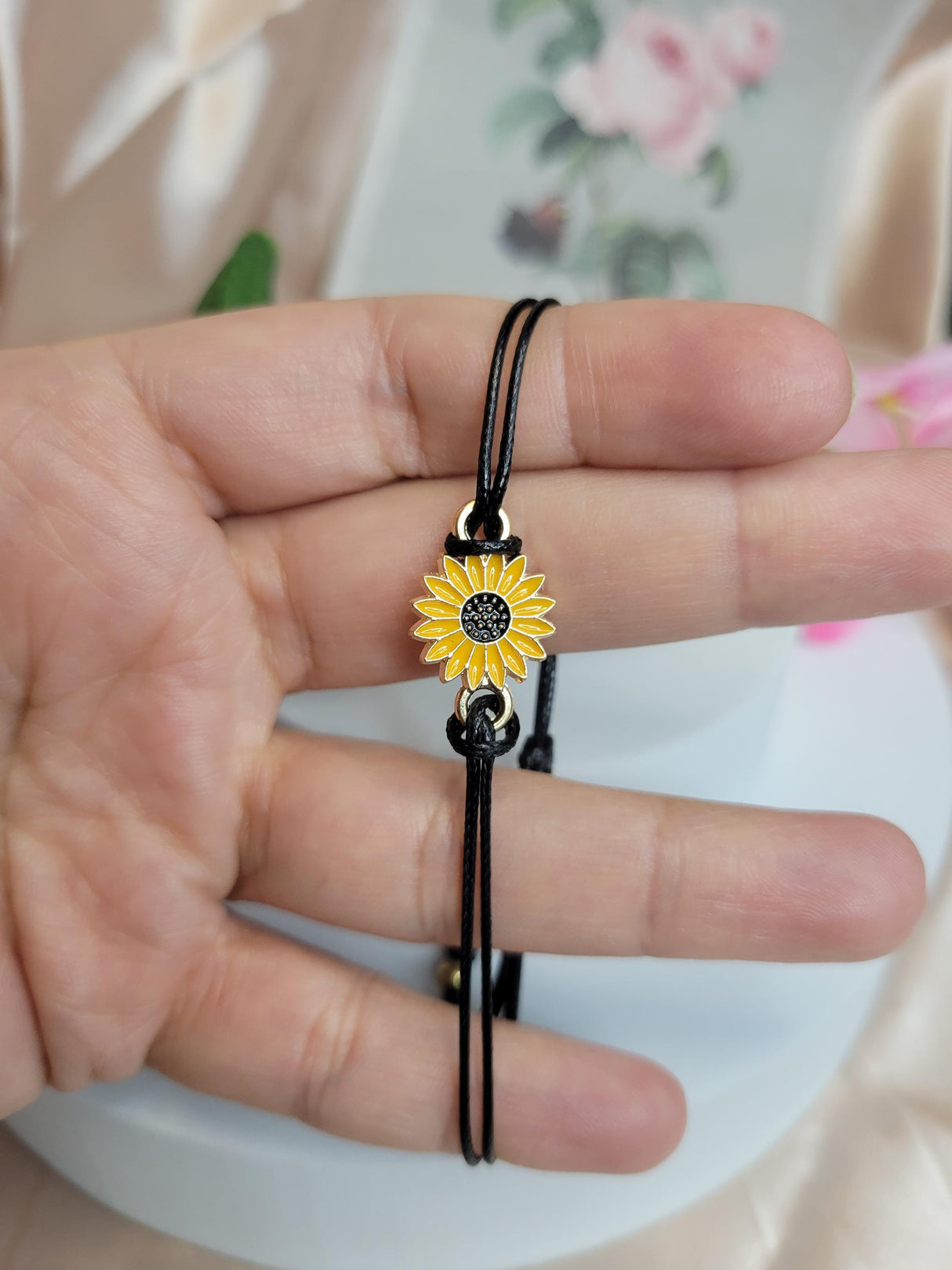 Sunflower Aura Protection Bracelet, Adjustable Black Cord Jewelry for Positive & Spiritual Balance