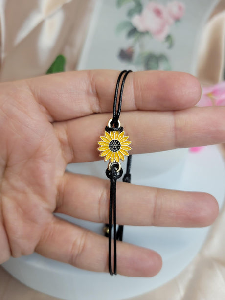 Sunflower Aura Protection Bracelet, Adjustable Black Cord Jewelry for Positive & Spiritual Balance