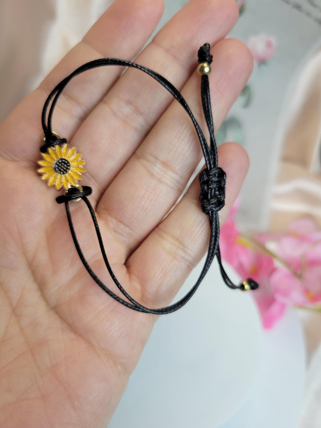 Sunflower Aura Protection Bracelet, Adjustable Black Cord Jewelry for Positive & Spiritual Balance