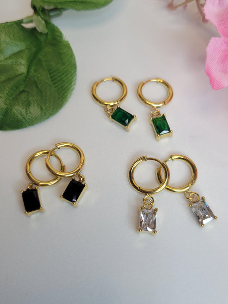 Modern Mystic Hoops - Gold Tone Earrings with Rectangular White & Green Stones, Boho Chic Jewelry