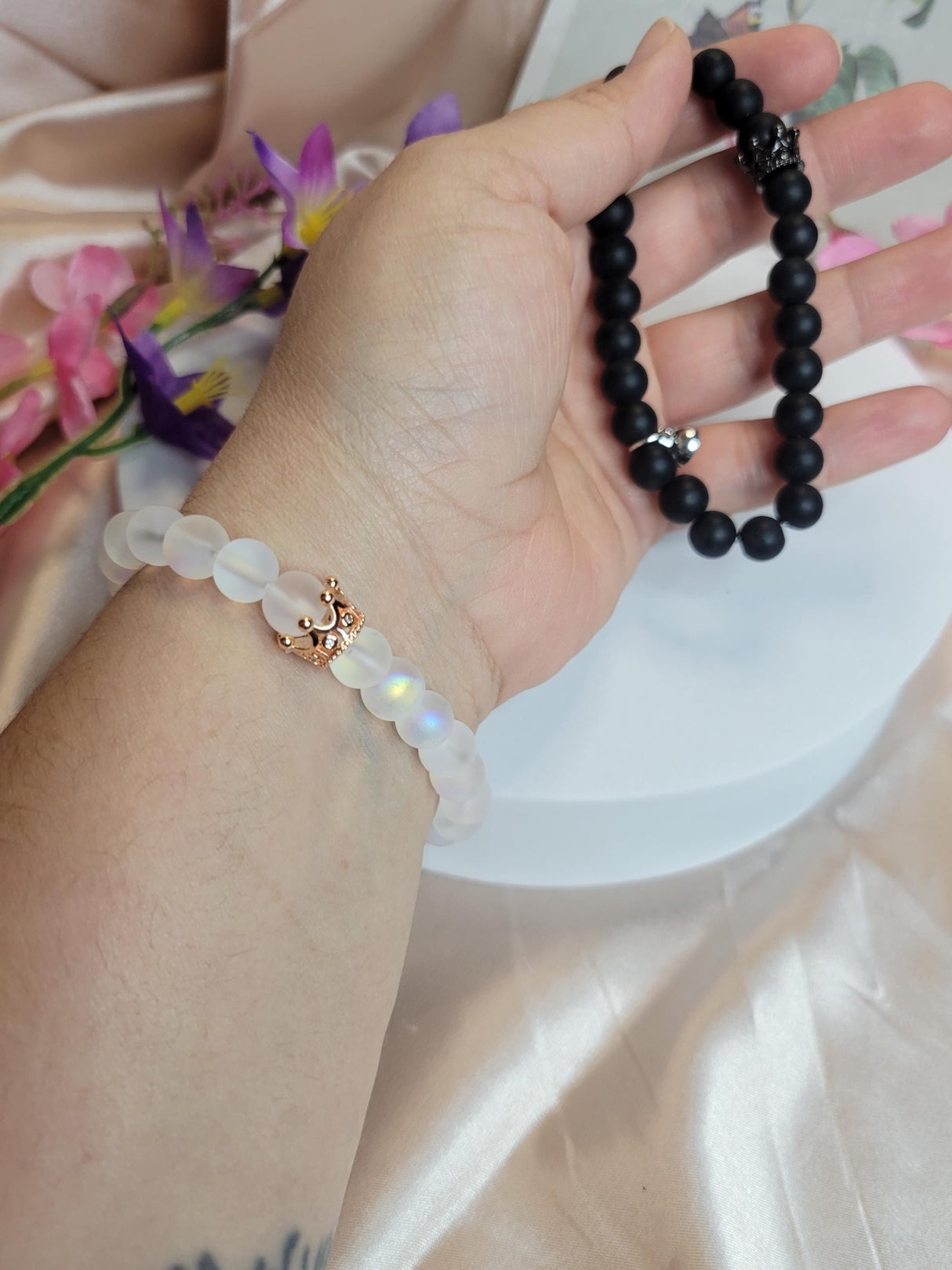 Handmade Set Black & White Beaded Jewelry for Him and Her-Couple Bracelet Set-Handmade Bracelets for Lovers