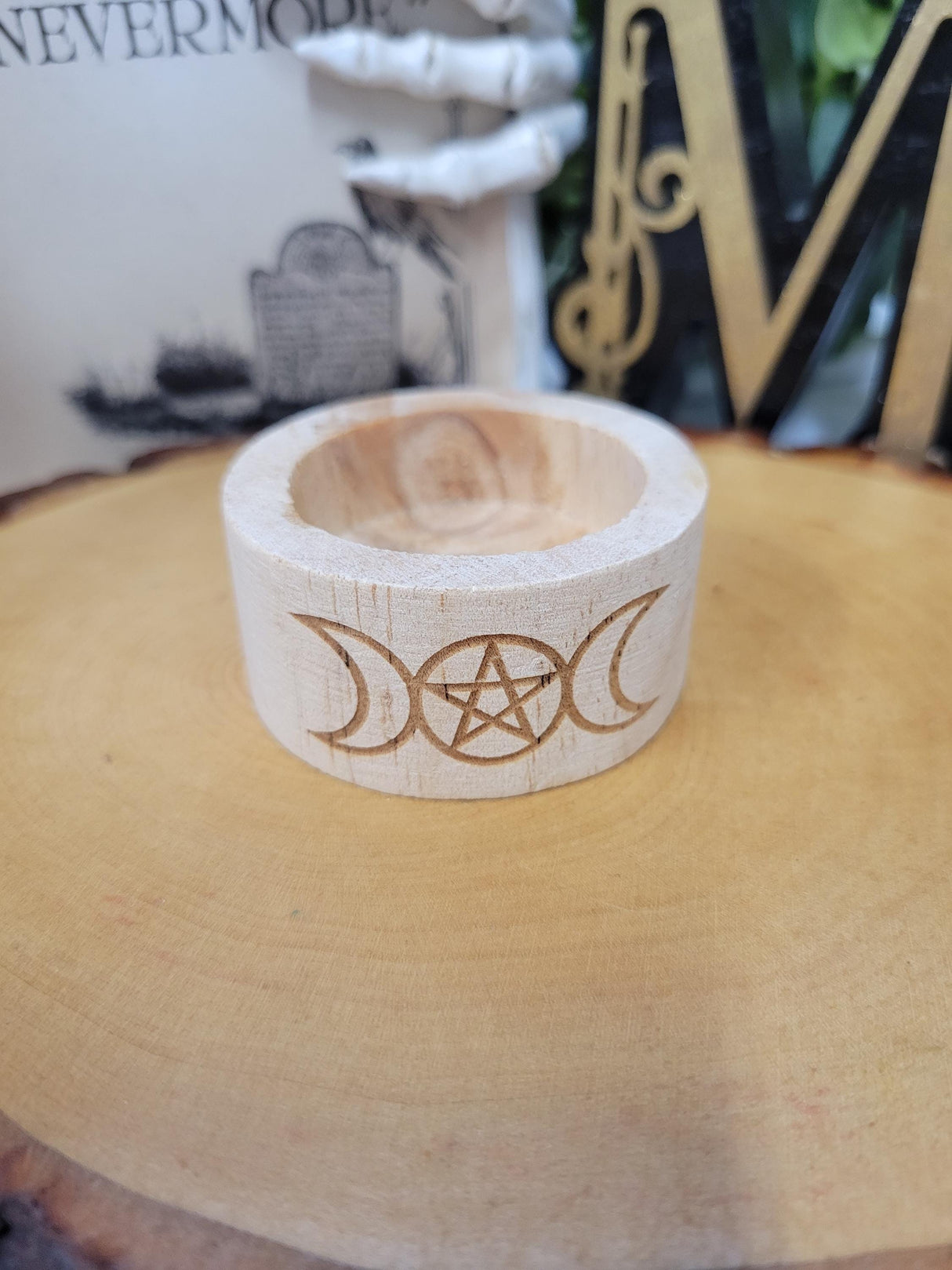 Triple Moon Pentagram Wood Tea Light Candle Holder – Handcrafted Small Sacred Decor for Witches