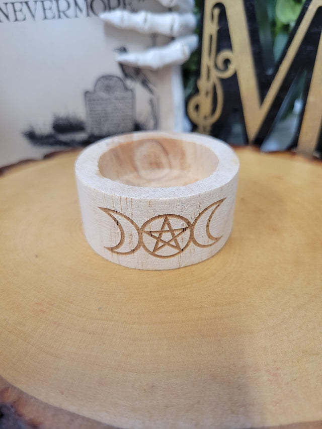 Triple Moon Pentagram Wood Tea Light Candle Holder – Handcrafted Small Sacred Decor for Witches