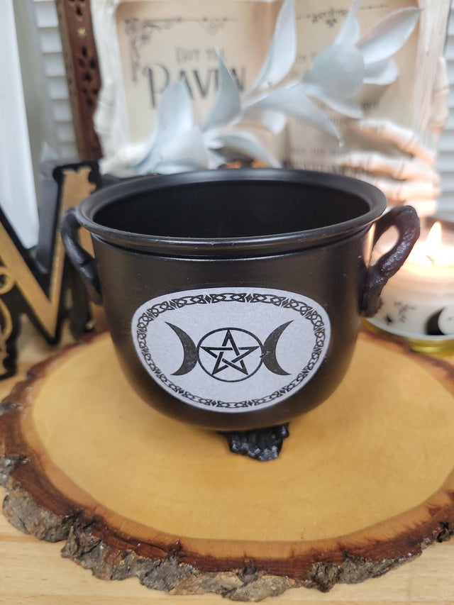 Triple Moon Pentagram Cauldron Burner Black Metal Cauldron Altar Burner